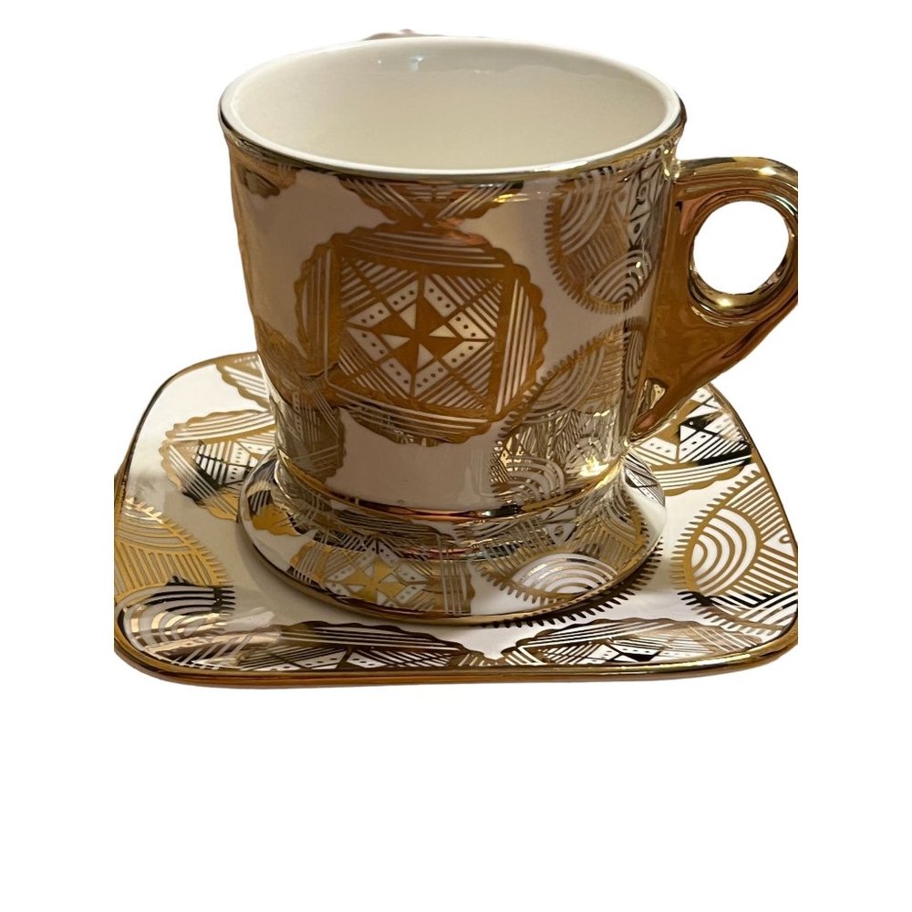Mary Kay Cup and Saucer Set White Gold Abstract Ornate Square saucer gold handle